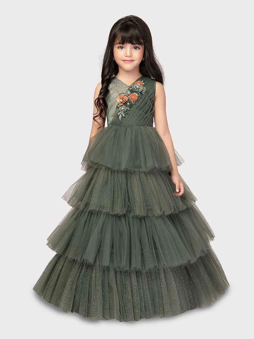 Party Wear Gowns For Girls / Online Dresses / Green Coloured Fancy Frill Gown For Girls