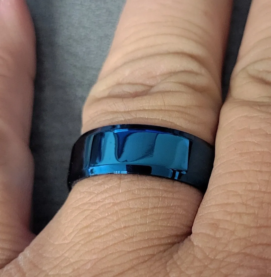 Personalized Women's Wedding Band - Blue Beveled Stainless Steel