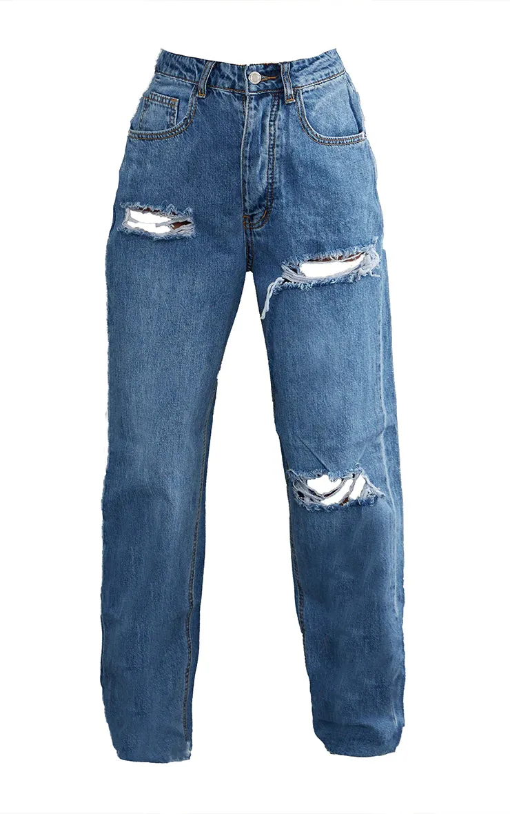 Petite mid blue wash open knee boyfriend jeans in blue