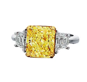 Platinum Fancy Intense Canary Diamond Ring With Trapezoid Side Stones