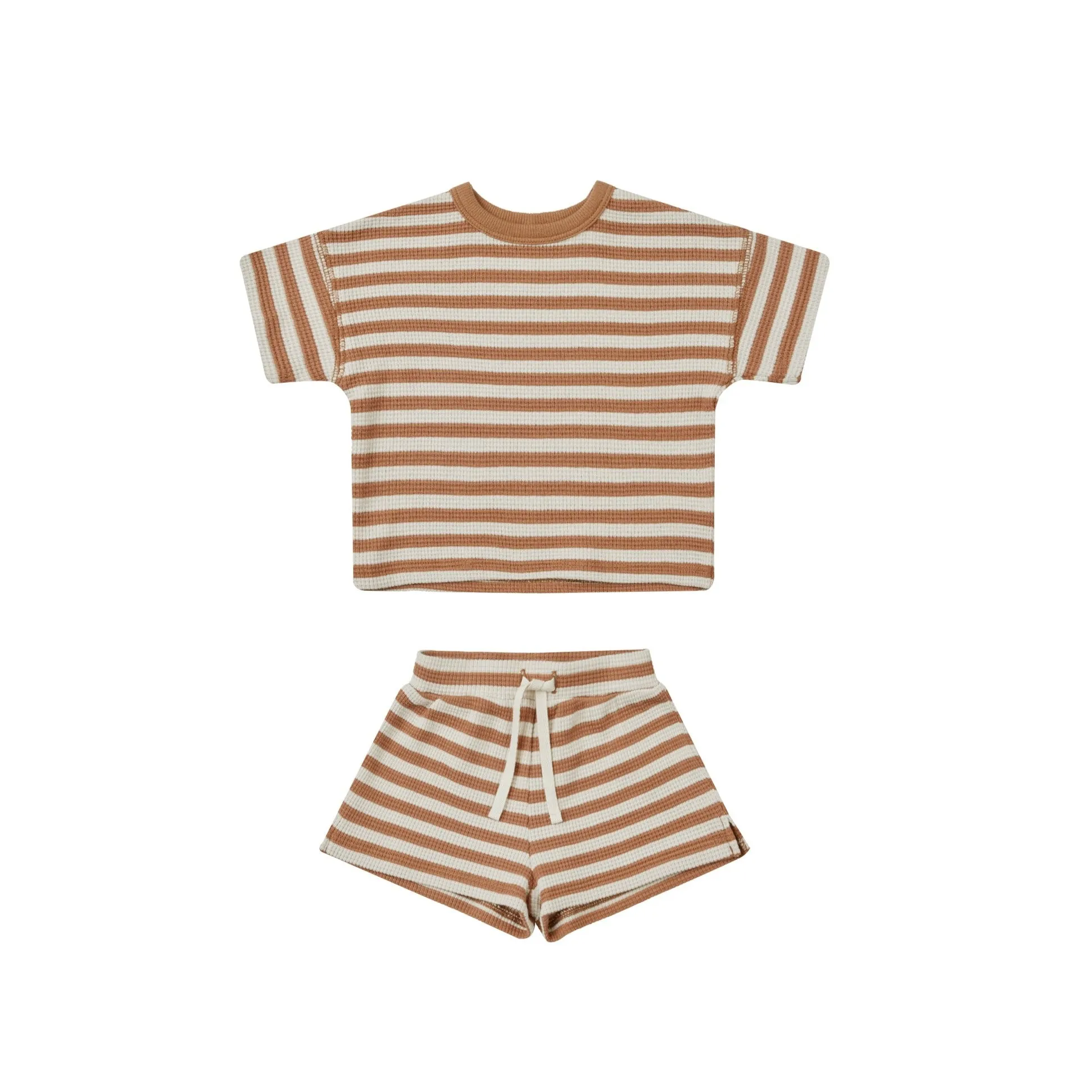 Quincy Mae Waffle Tee   Short Set - Clay Stripe