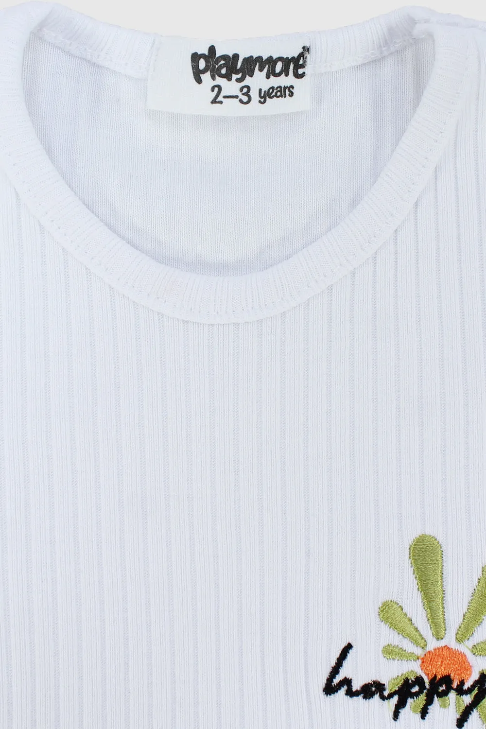 "Happy Sun" White Ribbed Short-Sleeved T-Shirt