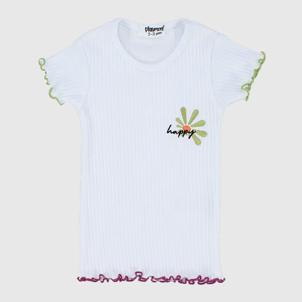 "Happy Sun" White Ribbed Short-Sleeved T-Shirt