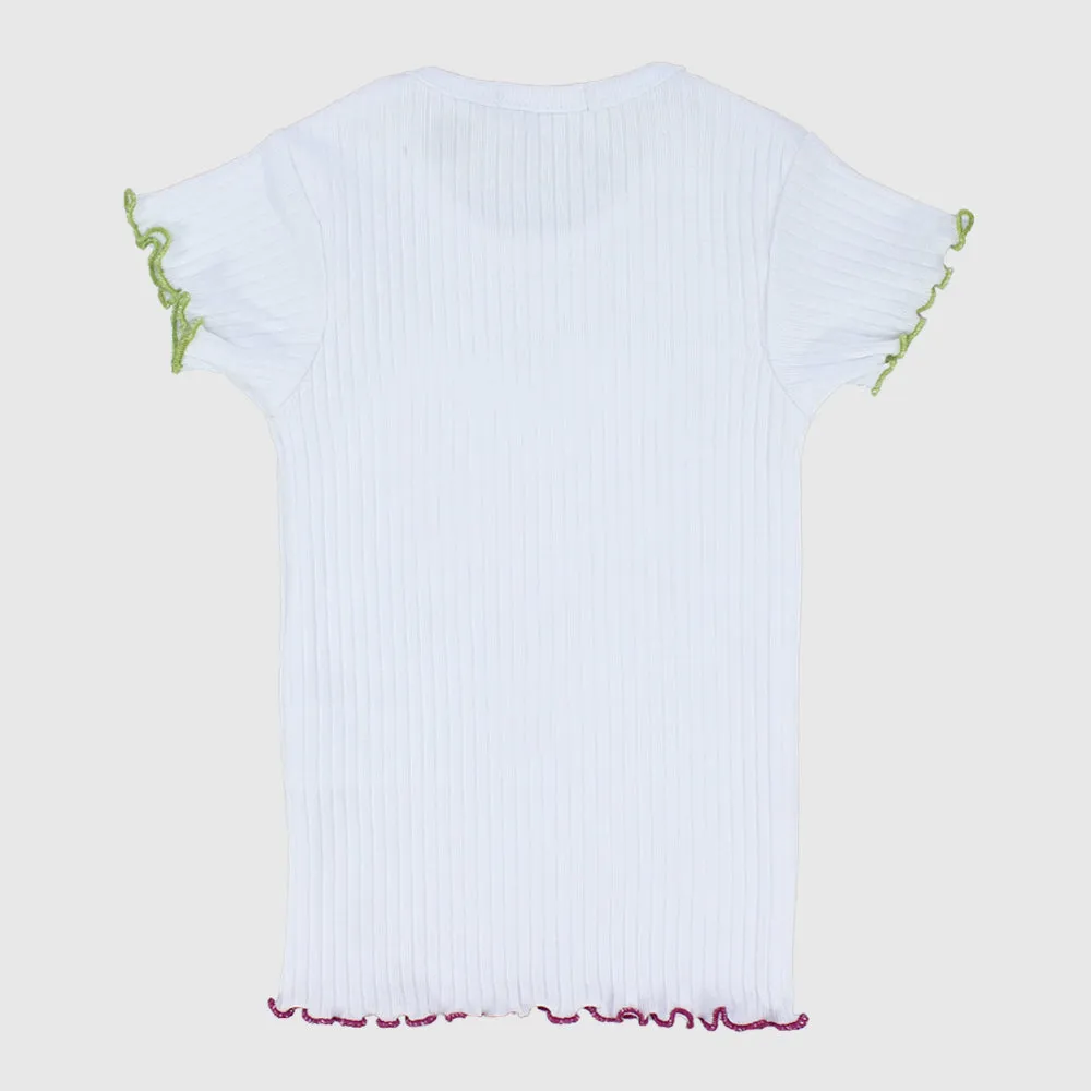 "Happy Sun" White Ribbed Short-Sleeved T-Shirt