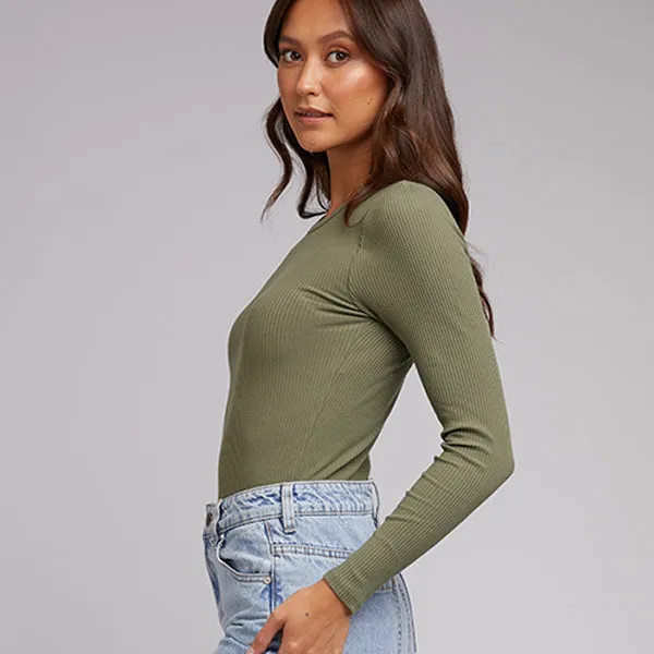 Rib Long Sleeve Top - Khaki