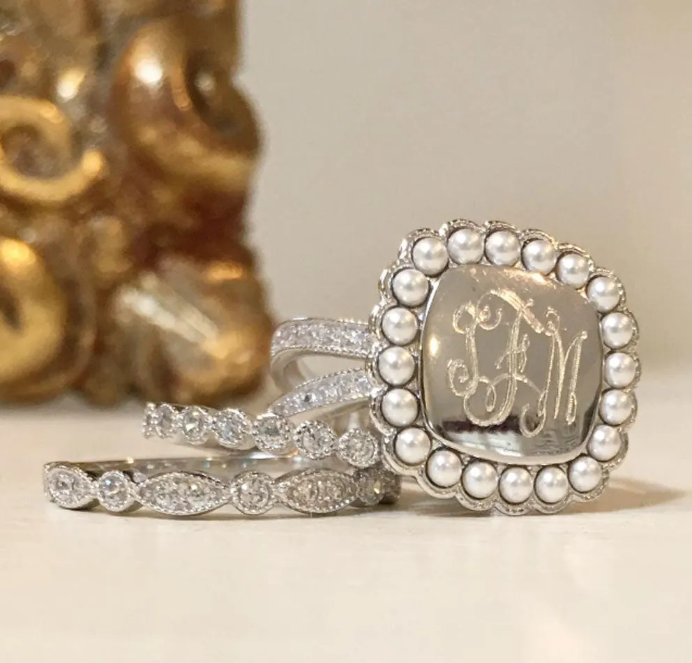 Silver CZ and Pearl Rimmed Monogram Stacking Ring