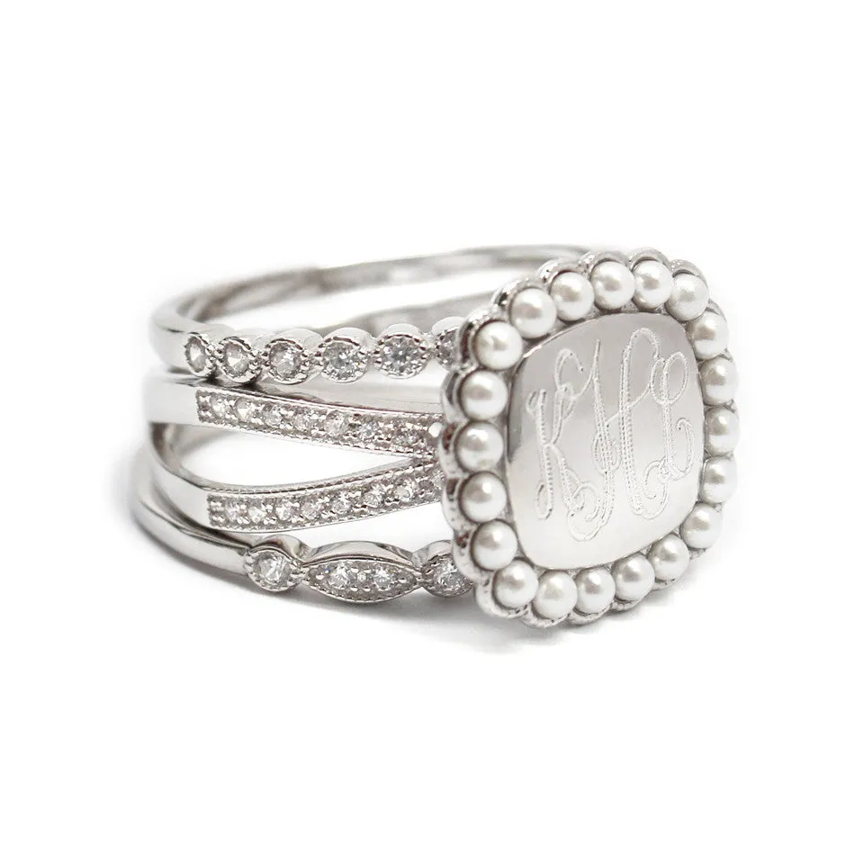 Silver CZ and Pearl Rimmed Monogram Stacking Ring