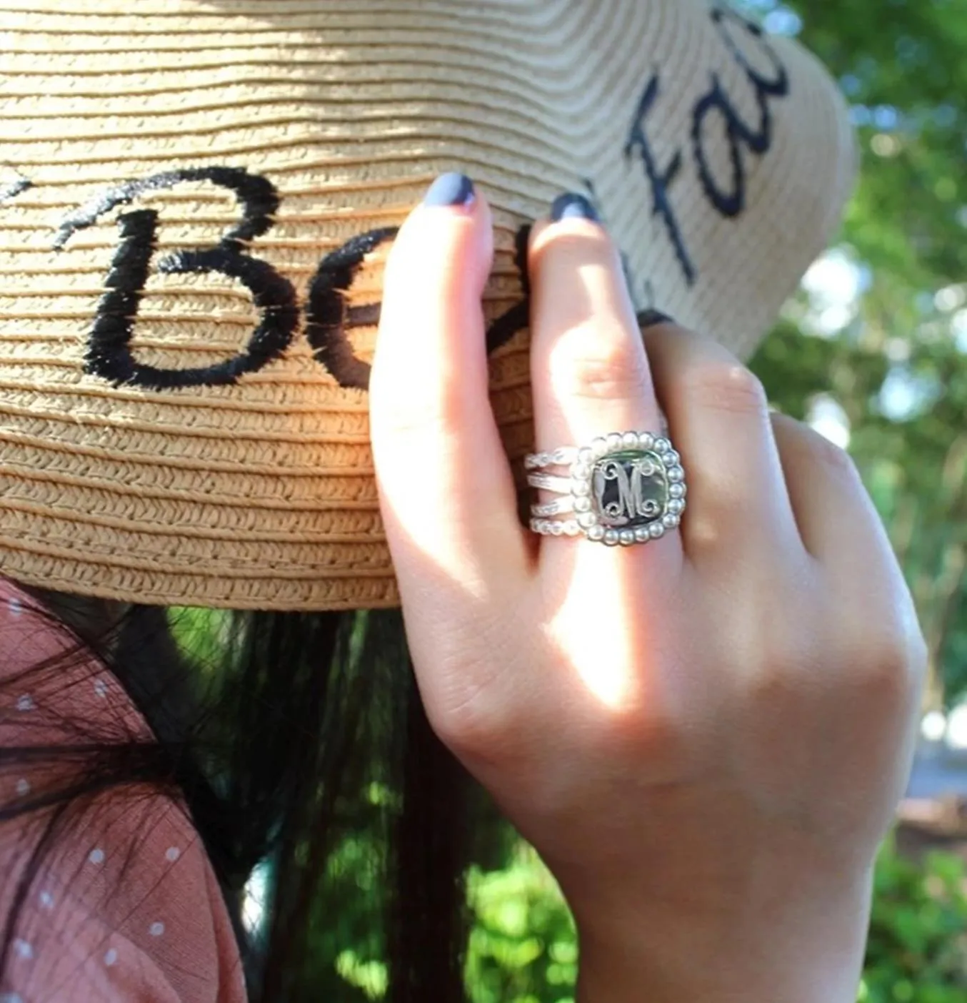 Silver CZ and Pearl Rimmed Monogram Stacking Ring