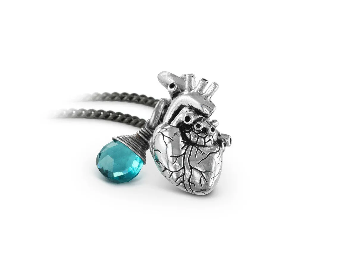 Small Anatomical Heart Necklace with Blue Topaz - Silver