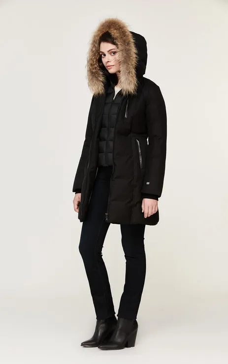 SOIA & KYO WOMENS CHRISTY BRUSHED DOWN COAT WITH NATURAL FUR BLACK