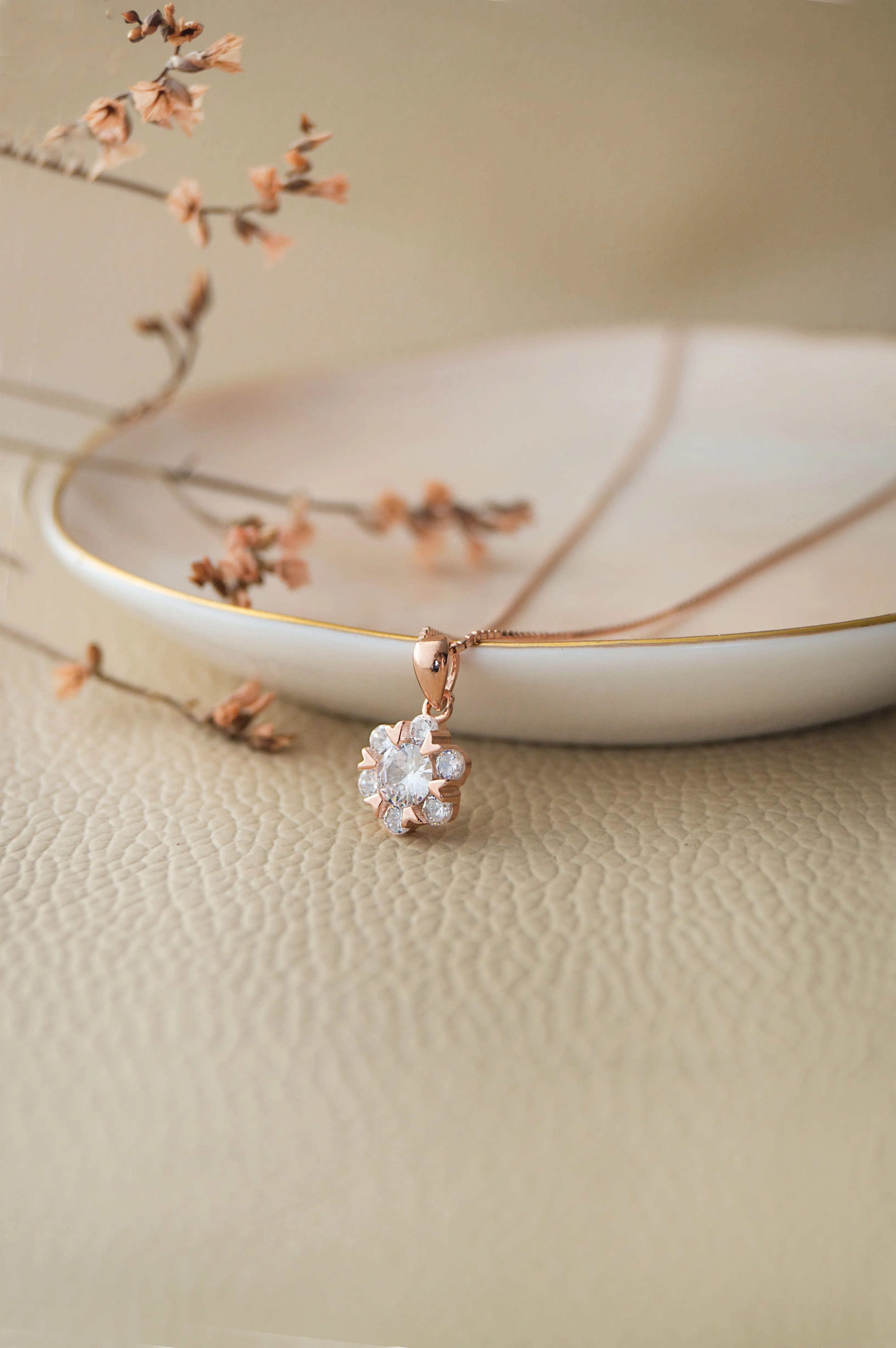 Solitaire Cluster Rose Gold Plated Sterling Silver Pendant Set