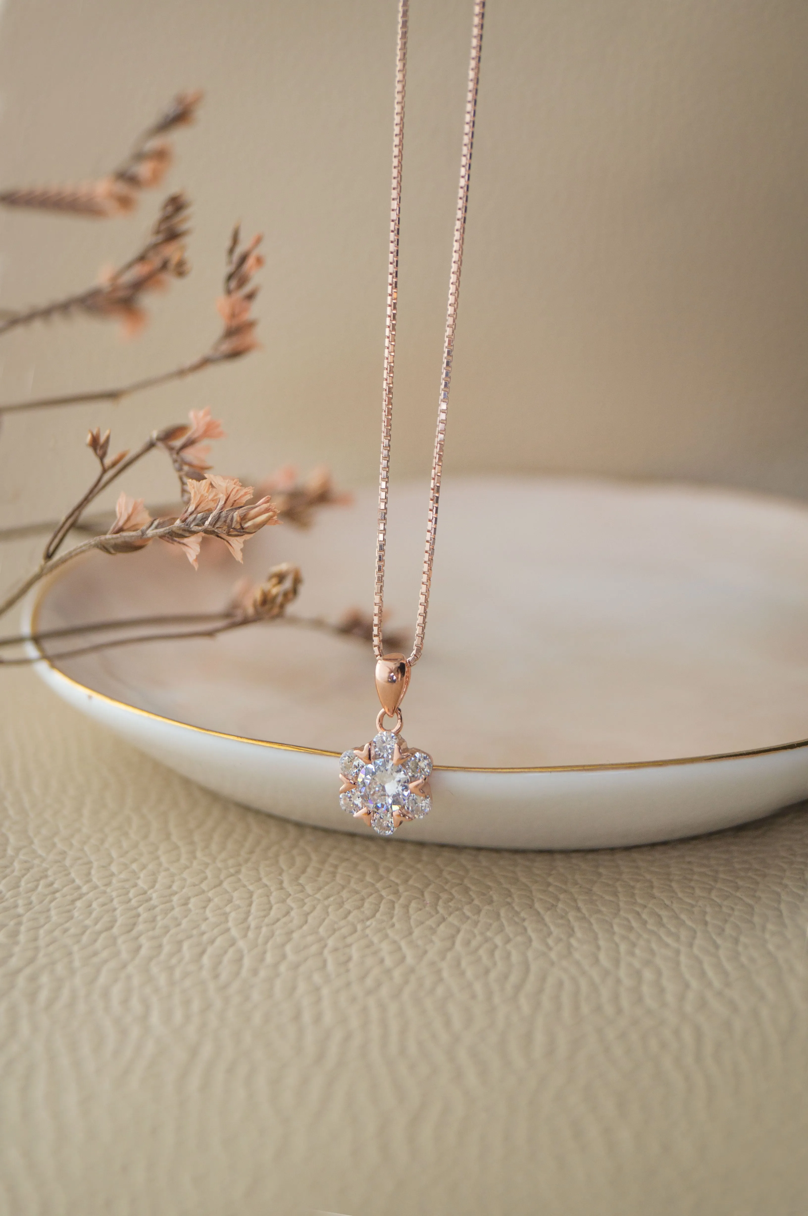 Solitaire Cluster Rose Gold Plated Sterling Silver Pendant Set