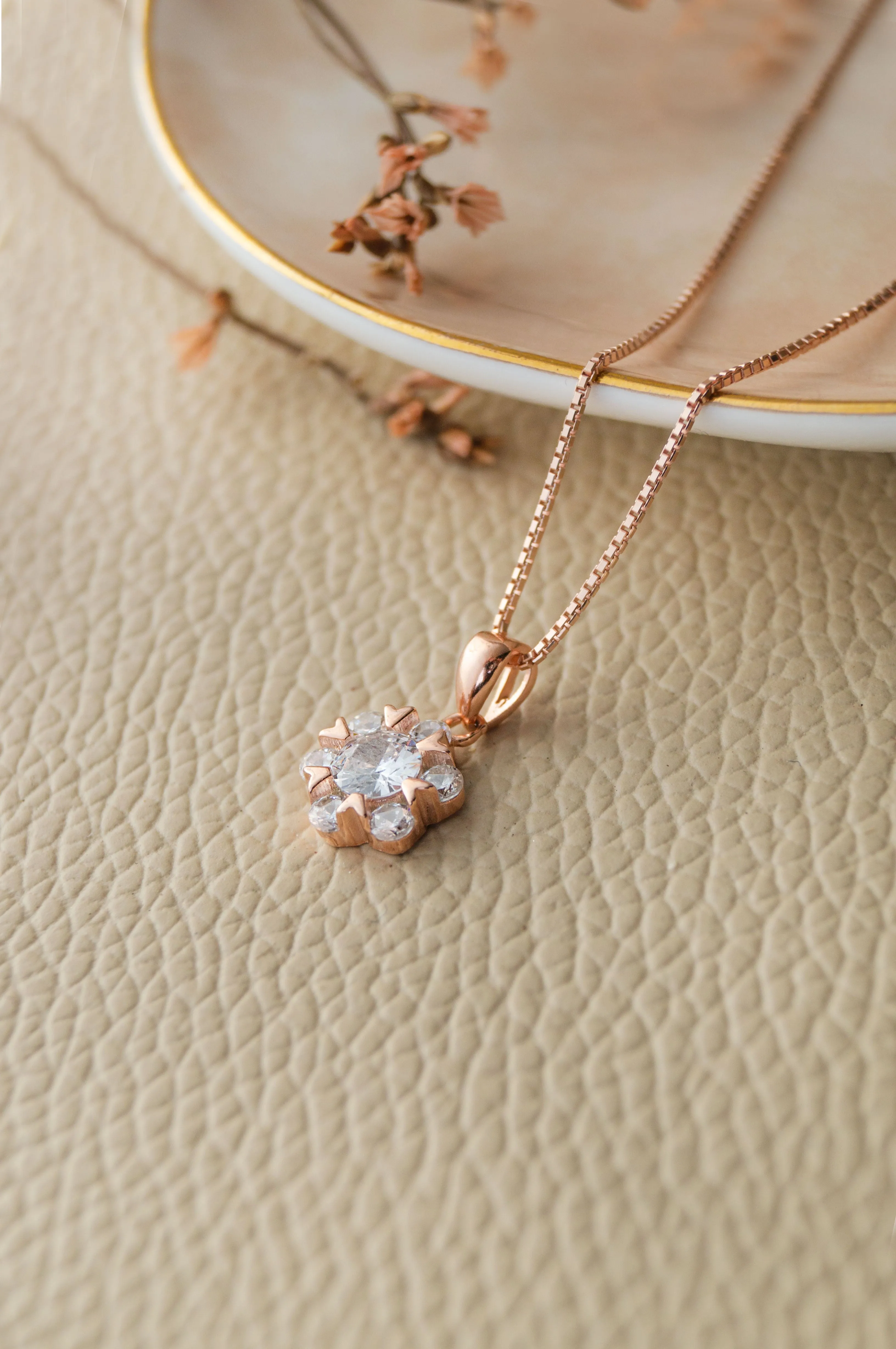 Solitaire Cluster Rose Gold Plated Sterling Silver Pendant Set