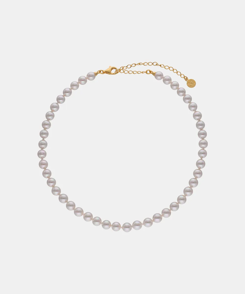 Sterling Silver Gold Plated Short Necklace for Women with Organic Pearl, 6mm Round White Pearl, 32/40cm Long, Ballet Collection