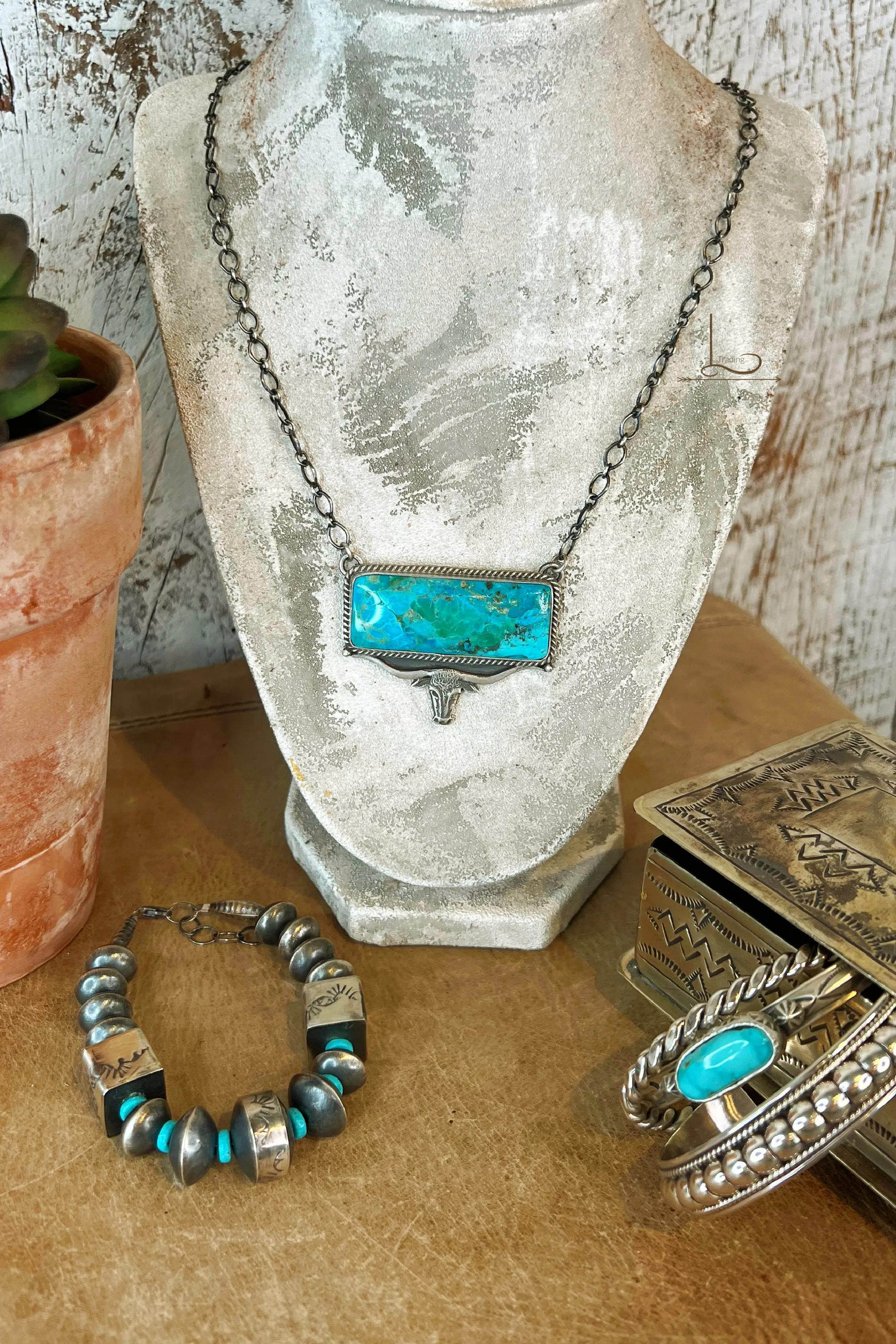 The Turquoise & Sterling Longhorn Bar Necklace