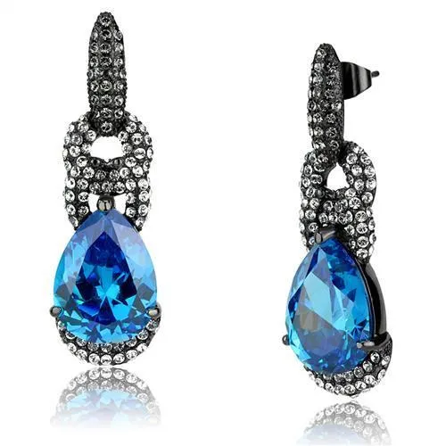 TK2708 IP Light Black  (IP Gun) Stainless Steel Earrings with AAA Grade CZ in Sea Blue