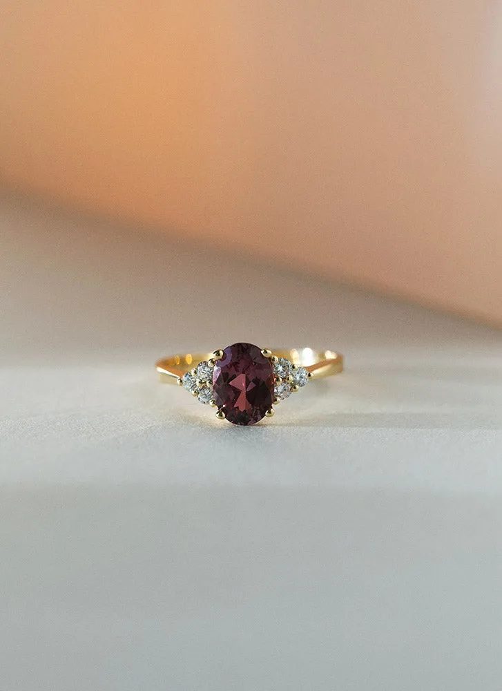 Valentina diamond rhodolite ring 14k gold