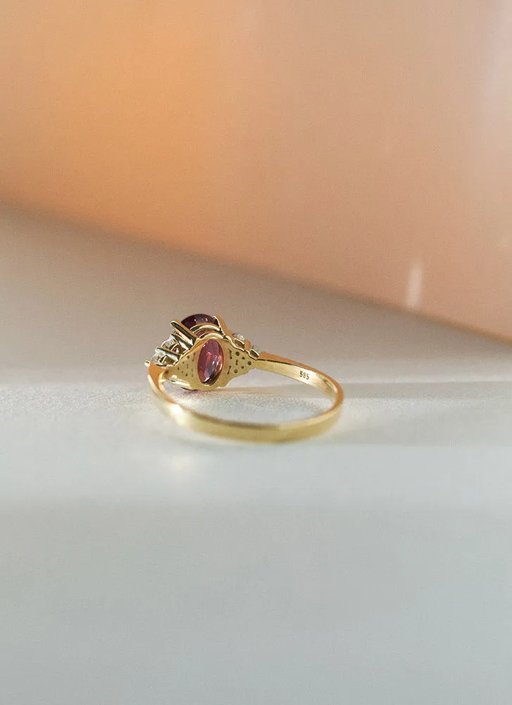 Valentina diamond rhodolite ring 14k gold