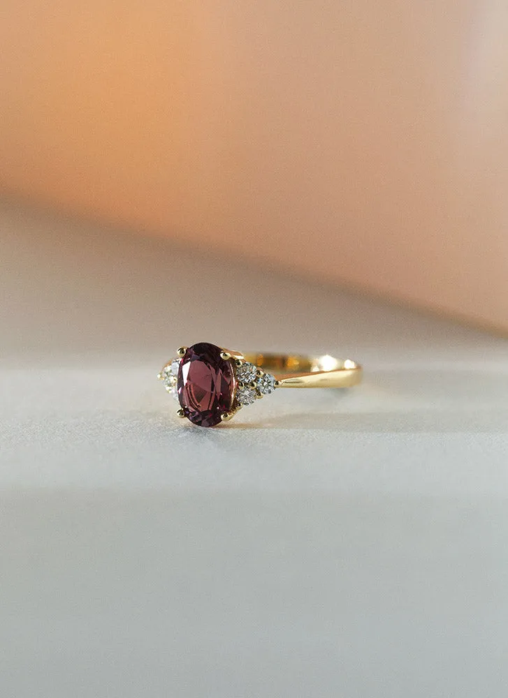 Valentina diamond rhodolite ring 14k gold